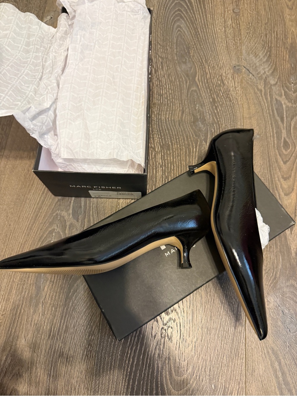 Marc Fisher Black Patent Pointed Kitten Heel Pumps